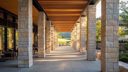 Poster - A serene walkway with stone pillars and wooden ceiling, leading to a scenic outdoor area.