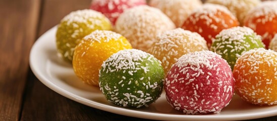 Aufkleber - Colorful traditional sweet balls coated with coconut on a wooden table in an elegant white plate showcasing delightful dessert options