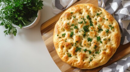 Aufkleber - Freshly baked homemade bread topped with herbs on a wooden cutting board with a dish towel and parsley on a light background