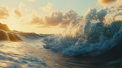 Poster - Dynamic Ocean Wave at Sunset with Dramatic Clouds and Gentle Reflections on Water Surface