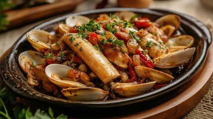 Poster - Savory dish featuring succulent razor clams cooked with vegetables and herbs served in a rustic bowl on a wooden table
