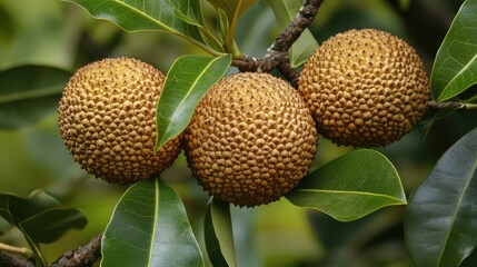Aufkleber - Diospyros malabarica ripe spherical fruits on branches surrounded by lush green leaves in close-up view