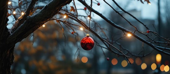 Aufkleber - Red Christmas ornament hanging on tree branches illuminated by soft evening lights in a serene seasonal landscape.