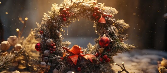 Aufkleber - Elegant Christmas wreath adorned with festive decorations and natural elements glowing in warm light, creating a cozy holiday atmosphere.
