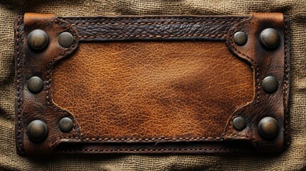 Aufkleber - Vintage brown leather jeans label on textured fabric background with rivets and worn edges, perfect for fashion or branding concepts.