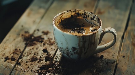 Poster - Stained coffee cup on a wooden table surrounded by coffee grounds showcasing a messy coffee break scene