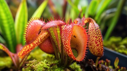 Poster - Vibrant carnivorous plants showcasing unique textures and colors in a lush green environment for botanical exploration and education