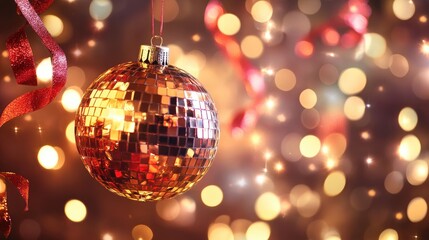 Poster - Shimmering disco ball adorned with festive ribbons against a vibrant bokeh background creating a joyful celebration atmosphere