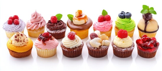 Poster - Assorted colorful cupcakes elegantly arranged on a bright background showcasing a delightful variety of toppings and decorations.