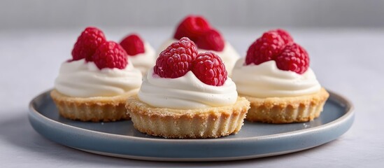 Poster - Raspberry tartlets with creamy frosting on a blue plate beautifully presented as a delightful homemade dessert for baking enthusiasts.