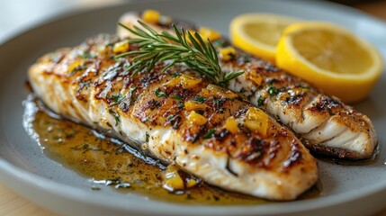 Poster - Grilled fish fillets garnished with herbs and lemon slices on a plate showcasing fresh culinary presentation