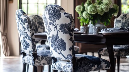 Poster - Elegant dining room chairs featuring beautiful floral fabric with a sophisticated table setting in a well-lit, stylish interior.