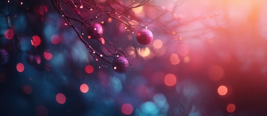Poster - Colorful bokeh background with tree decorations and lights creating a festive atmosphere and a warm holiday feel