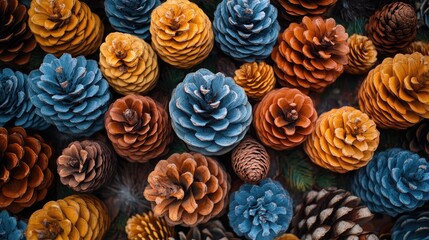 Poster - Colorful assortment of pine cones in various hues and textures creating a visually striking natural background.