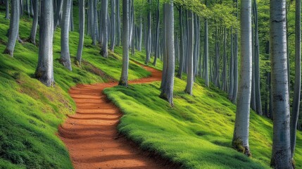 Aufkleber - Scenic dirt trail winding through lush green beech forest under bright sunlight in picturesque highland setting