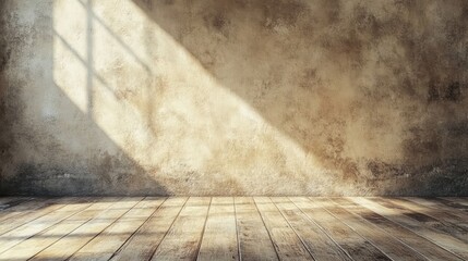 Aufkleber - Weathered cement wall texture with light shadows and wooden floor creating a rustic backdrop for design and artistic projects.