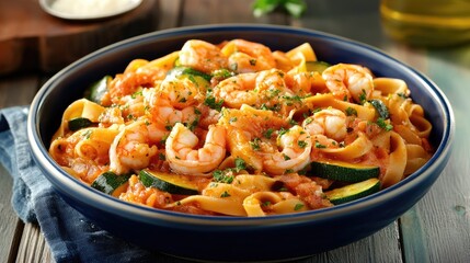 Aufkleber - Delicious shrimp pasta dish with zucchini and bottarga garnished with herbs in a vibrant bowl on a rustic wooden table
