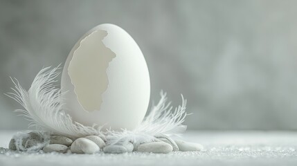 Poster - Cracked white Easter egg nestled in soft feathers and stones with a light background showcasing a serene and creative concept in levitation