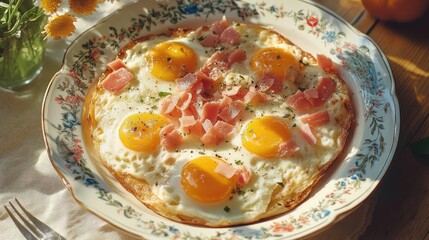 Poster - Delicious fried eggs with ham and potatoes in a vintage floral plate on a rustic wooden table