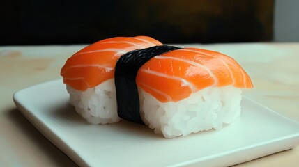 Poster - Savoury salmon sushi on a pristine plate showcasing traditional Japanese cuisine at a vibrant restaurant setting.