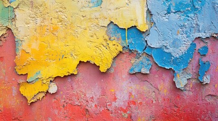 Aufkleber - Peeling colorful paint on a worn cement wall texture with vibrant hues of blue yellow and red creating an abstract artistic background