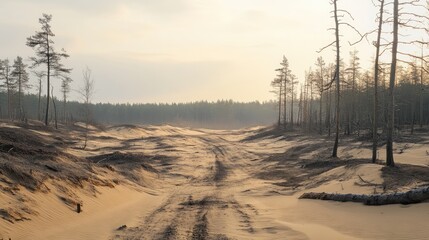 Poster - Dirt road through sandy hills showcasing remnants of small spruces and distant forest landscape under soft evening light