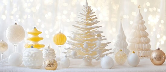 Aufkleber - Elegant white and yellow decorative Christmas tree ornaments with a soft bokeh background creating a festive atmosphere for holiday themes