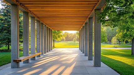 Poster - A serene pavilion with wooden beams and concrete columns, surrounded by green parkland.