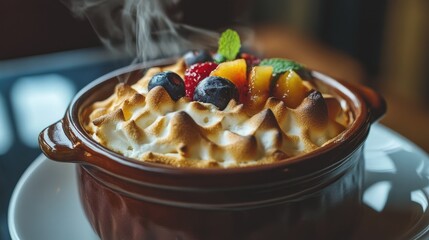 Poster - Baked meringue dessert topped with fresh fruits served in a rustic dish garnished with mint leaves on a table setting