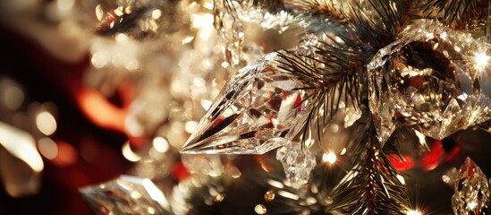 Poster - Elegant close-up of a Christmas tree adorned with sparkling crystal glass ornaments creating a festive and luminous holiday atmosphere