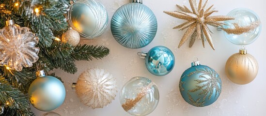 Poster - Christmas tree ornaments and decorations in blue and gold colors arranged on a snowy surface with evergreen branches and lights