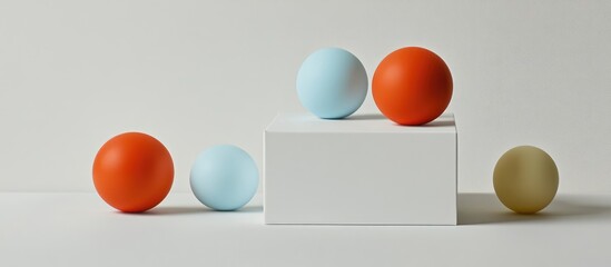 Poster - Minimalist composition featuring a white box with colorful balls arranged in an artistic layout on a light background.