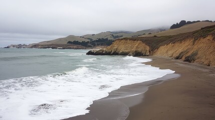Poster - Waves Gently Crashing on the Serene Shoreline of State Beach with Scenic Coastal Cliffs in the Background on a Cloudy Day