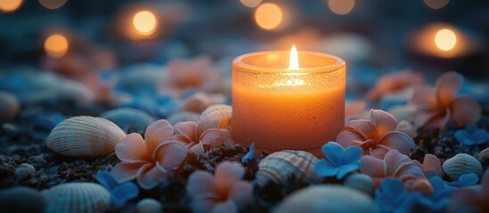 Aufkleber - Summer evening serenity with a glowing candle surrounded by delicate flower petals and seashells creating a cozy ambiance.