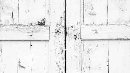Poster - Aged white wooden window with peeling paint showcasing vintage rustic charm and weathered texture in a monochrome aesthetic