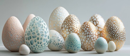 Poster - Elegant decorative Easter eggs in various sizes and colors showcasing intricate designs and textures for festive celebrations.