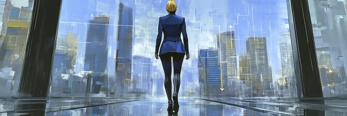 Poster - A figure in a blue suit walks toward a futuristic cityscape, embodying ambition and progress.