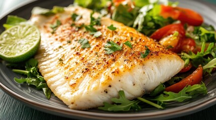 Poster - Grilled fish fillet served with fresh salad and lime garnished on a rustic table setting