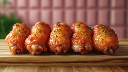 Poster - Deliciously grilled chicken wings and drumsticks arranged on a wooden platter garnished with fresh herbs for a mouthwatering presentation