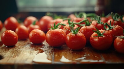 Aufkleber - Assorted Fresh Tomatoes Glistening on Wooden Surface with Fine Water Droplets and Fresh Green Stems