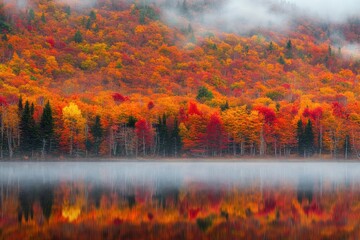 Poster - A serene autumn landscape featuring vibrant foliage reflected in a calm lake.