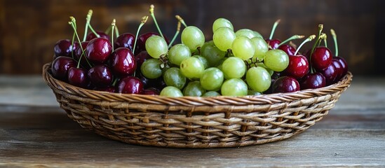 Aufkleber - Fresh ripe red cherries and green grapes in a woven basket on a rustic wooden table showcasing a healthy and vibrant fruit assortment