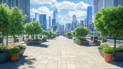 Poster - A vibrant urban pathway lined with trees and flowers, leading towards a city skyline.