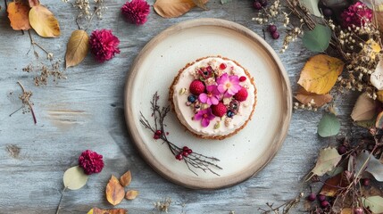 Aufkleber - Delicious floral cake displayed on rustic wooden table surrounded by autumn leaves and vibrant flowers in a vase with grey backdrop