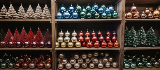 Poster - Decorative Christmas tree and colorful ornaments displayed on shelves in a festive holiday shop ready for seasonal celebrations