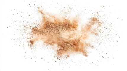 Poster - Natural brown dust explosion texture isolated on white background for creative design and abstract art applications.