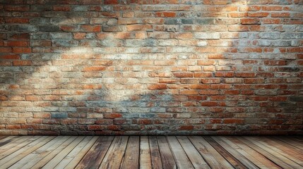Aufkleber - weathered brick wall with rustic wooden floor artistic texture background for interior design or photography projects