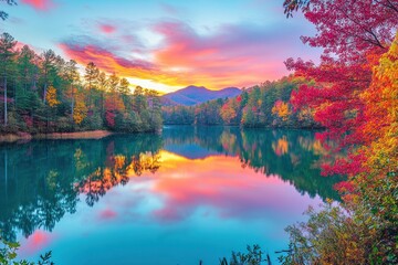 Poster - A serene lake reflecting vibrant autumn colors under a colorful sunset.