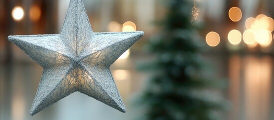 Poster - Decorative silver star ornament with blurred tree background creating a festive atmosphere in a vertical composition for holiday themes