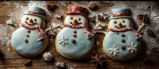 Poster - Festive snowman cookies decorated with frosting and laid on a rustic wooden table with seasonal embellishments and powdered sugar